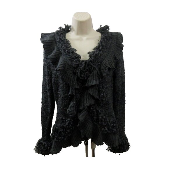 Lisa Intl Cardigan Sweater PM Black Chenille Tie & Toggle Fringe Collar/Sleeves - Picture 1 of 9